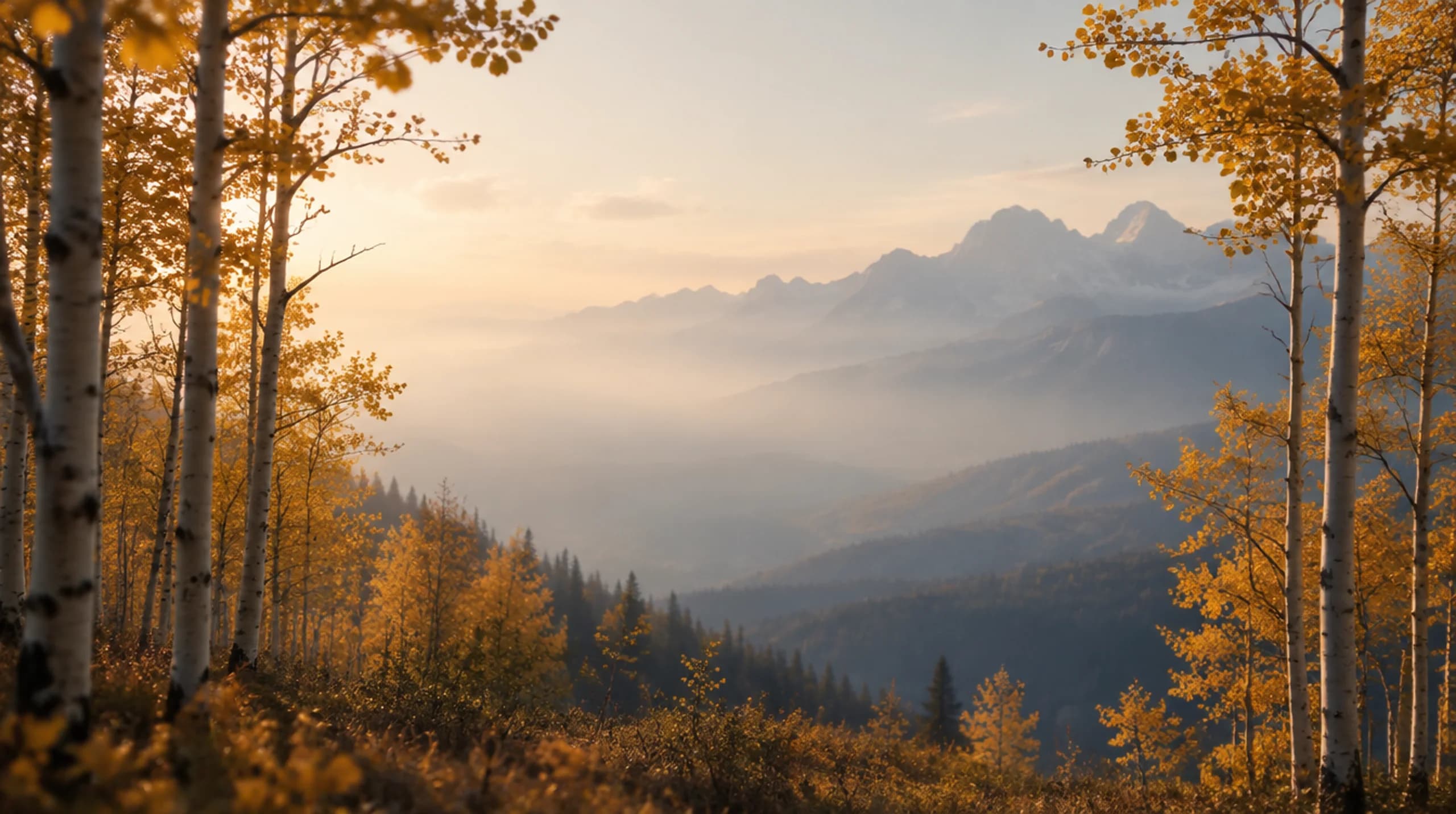 Soft autumn light among aspen trees; atmospheric illustration