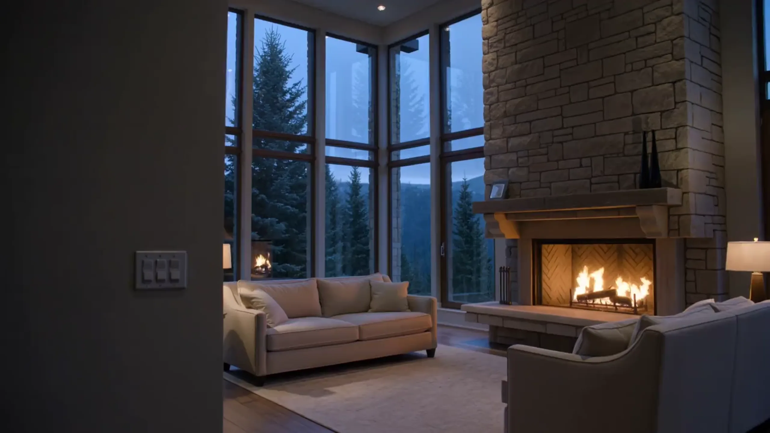 Atmospheric illustration of a fire-lit mountain great room, not a listed property